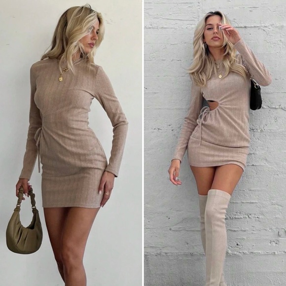 Ribbed Cutout Mini Sweater Dress in Khaki - Picture 2 of 4